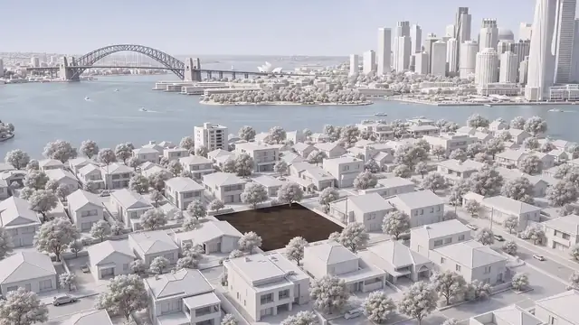 Aerial view of Sydney Harbour and surrounding suburbs rendered in white, with a single vacant site highlighted